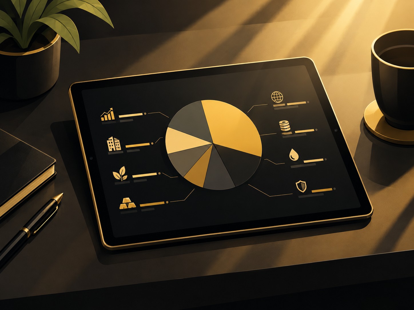 Tablet showing a diversified portfolio pie chart on a clean desk